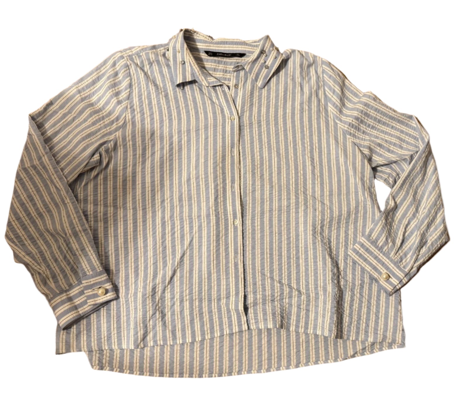 Zara White and Light Blue Shirt with Embellished Collar, Size XL