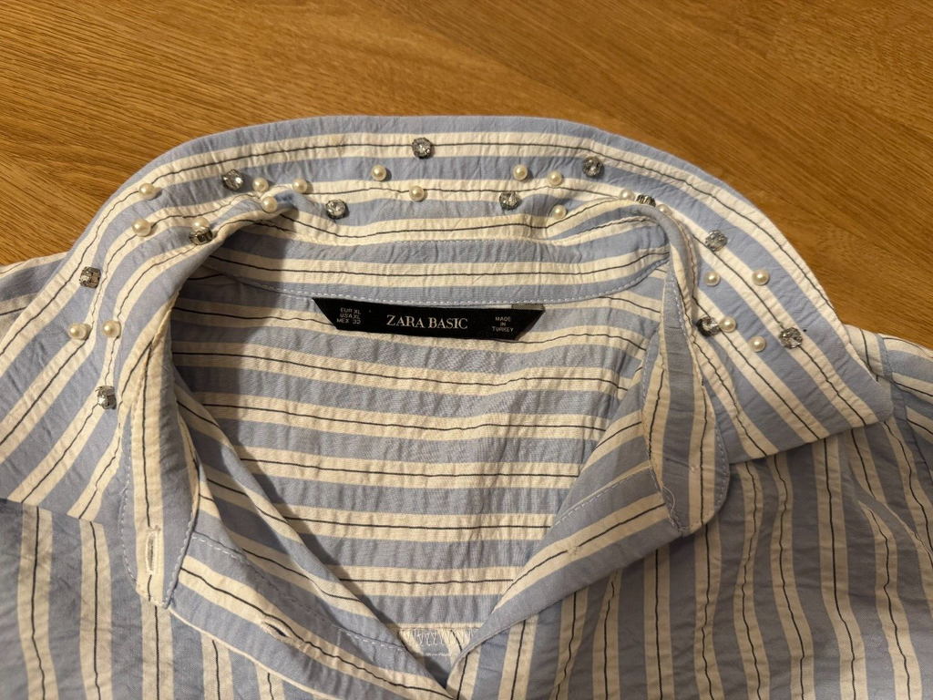 Zara White and Light Blue Shirt with Embellished Collar, Size XL